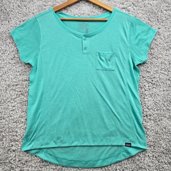 Patagonia Shirt Womens Large Green Capilene Cool Trail Short Sleeve Pullover - Picture 1 of 9
